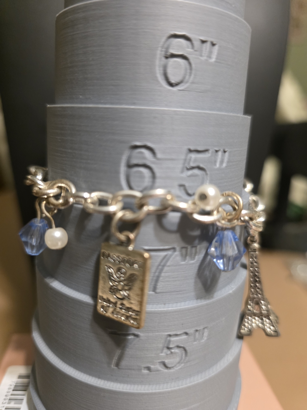 #279 Silver Charm Bracelet with Blue Crystal and Pearl Accents - Unbranded